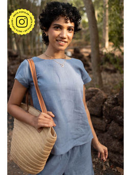 Creatures of Habit - Linen Boat Neck Top- Wildflower Blue