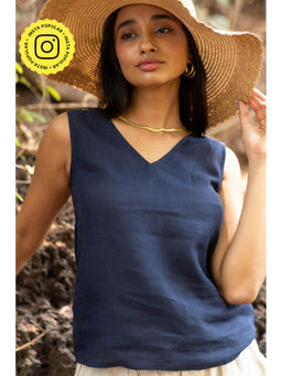 Creatures of Habit - Linen V Neck Tank Top- Navy Blue