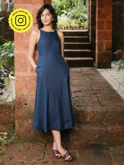 Creatures of Habit - Navy Blue Linen Cutaway Midi Dress
