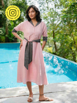 Creatures of Habit - Pink Linen Flared Dress with Belt