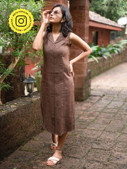 Creatures of Habit - Linen Notch Collar Dress- Tree Trunk Brown