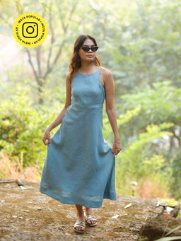 Creatures of Habit - Linen Cutaway Midi Dress- Aqua