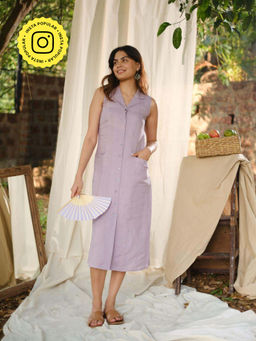 Creatures of Habit - Linen Notch Collar Dress- Lavender