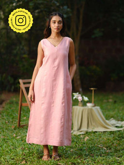 Creatures of Habit - Linen V Neck Midi Dress - Vintage Pink