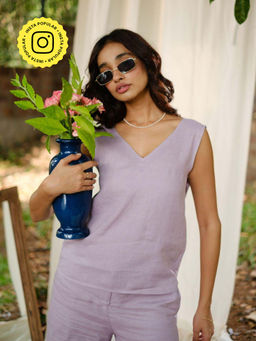 Creatures of Habit - Linen V Neck Top- Lavender