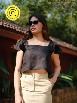 Creatures of Habit - Linen Ruffle Sleeve Crop Top- Midnight Black