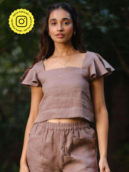 Creatures of Habit - Linen Ruffle Sleeve Crop Top- Taupe