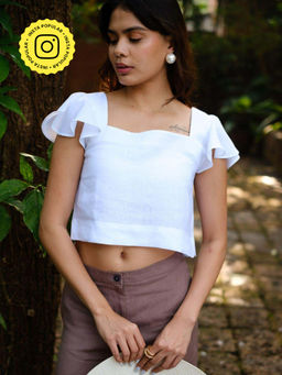 Creatures of Habit - Linen Ruffle Sleeve Top- Pearl White