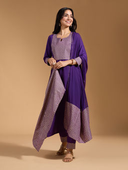 Gahan - Rayon Stripes Printed Purple Embellished Kurta with Pant & Dupatta (Set of 3)