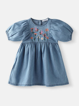 Nautinati - Girls Blue Denim Floral Embroidery Dress