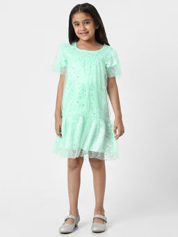 Nautinati - Girls Green Mesh Party Wear Dress
