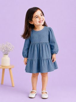Kidbea - Girls Round Neck Full Sleeve Denim Tiered Dress
