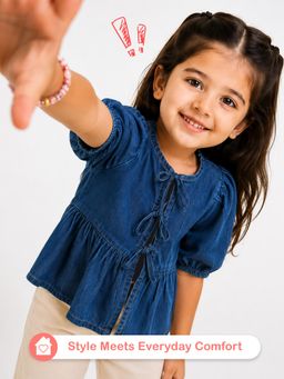 Kidbea - Girls Denim Tie-Front Round Neck Puff Sleeve Top