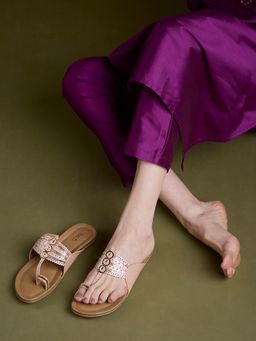 Inc.5 - Womens Rose Gold Ethnic Wear Embellished One Toe Flats