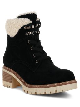 Rag & Co - Black Fur Collar Chunky Ankle Casual Boots