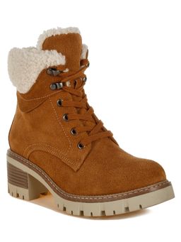 Rag & Co - Tan Fur Collar Chunky Ankle Casual Boots