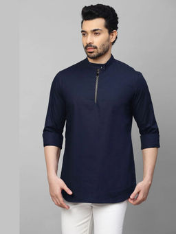 Echke - Navy Blue Mandarin Collar Half Zipper Shirt