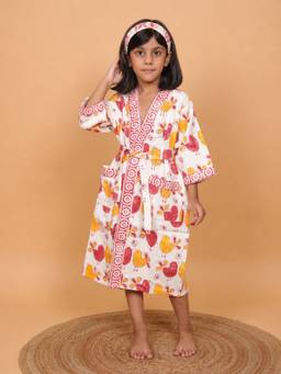 Cherry & Jerry - Girls White Printed Cotton Bathrobe with Belt