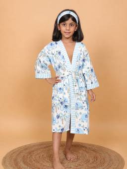 Cherry & Jerry - Girls Blue Elephant Printed Cotton Bathrobe with Belt