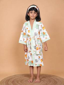 Cherry & Jerry - Girls Green Elephant and Jungle Animal Print Cotton Bathrobe with Belt