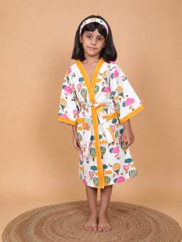 Cherry & Jerry - Girls White Hot Air Balloon Print Cotton Bathrobe with Belt