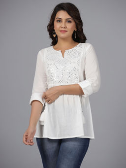 Juniper - White Geometric Cotton Dobby Tunic with Mirror Work Embroidery.