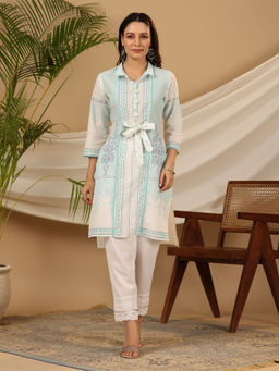 Juniper - The Dhara Tie-Up Sky Blue Geometric Printed Cotton Fusion Kurta With Contest 3D Beadwork & Tassels