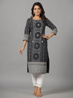 Juniper - Black Ethnic Motif Printed Rayon Slub Kurta with Beads & Sequins Work