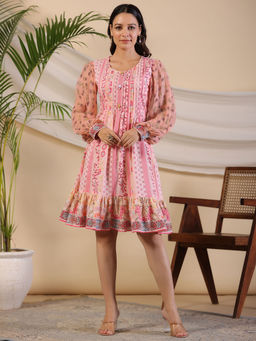 Juniper - Pink Wonderland Floral Printed Pure Cotton Midi Dress With Pintucks & 3D Handwork