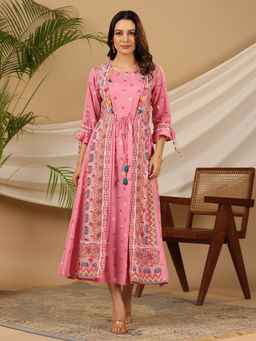 Juniper - The Banjara Pink Rayon Ethnic Motif Printed Layered Maxi Dress With 3D Handwork & Tie-Ups