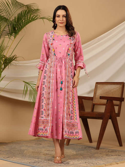 chinese dress ladies Ethnic Floral Printed & Embroidered A-Line Pleated Layered Maxi Dress –  FASHOR main image 1