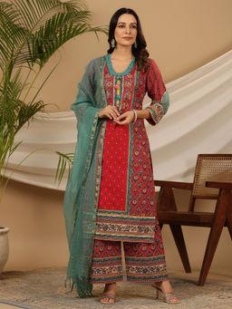 Juniper - Red Madhubala Pure Cotton Ethnic Motif Printed Laced Kurta With Palazzo & Dupatta (3-Pcs)