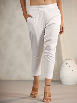 Juniper - White Cotton Lycra Pants For Women with Partially Elasticated Waistband