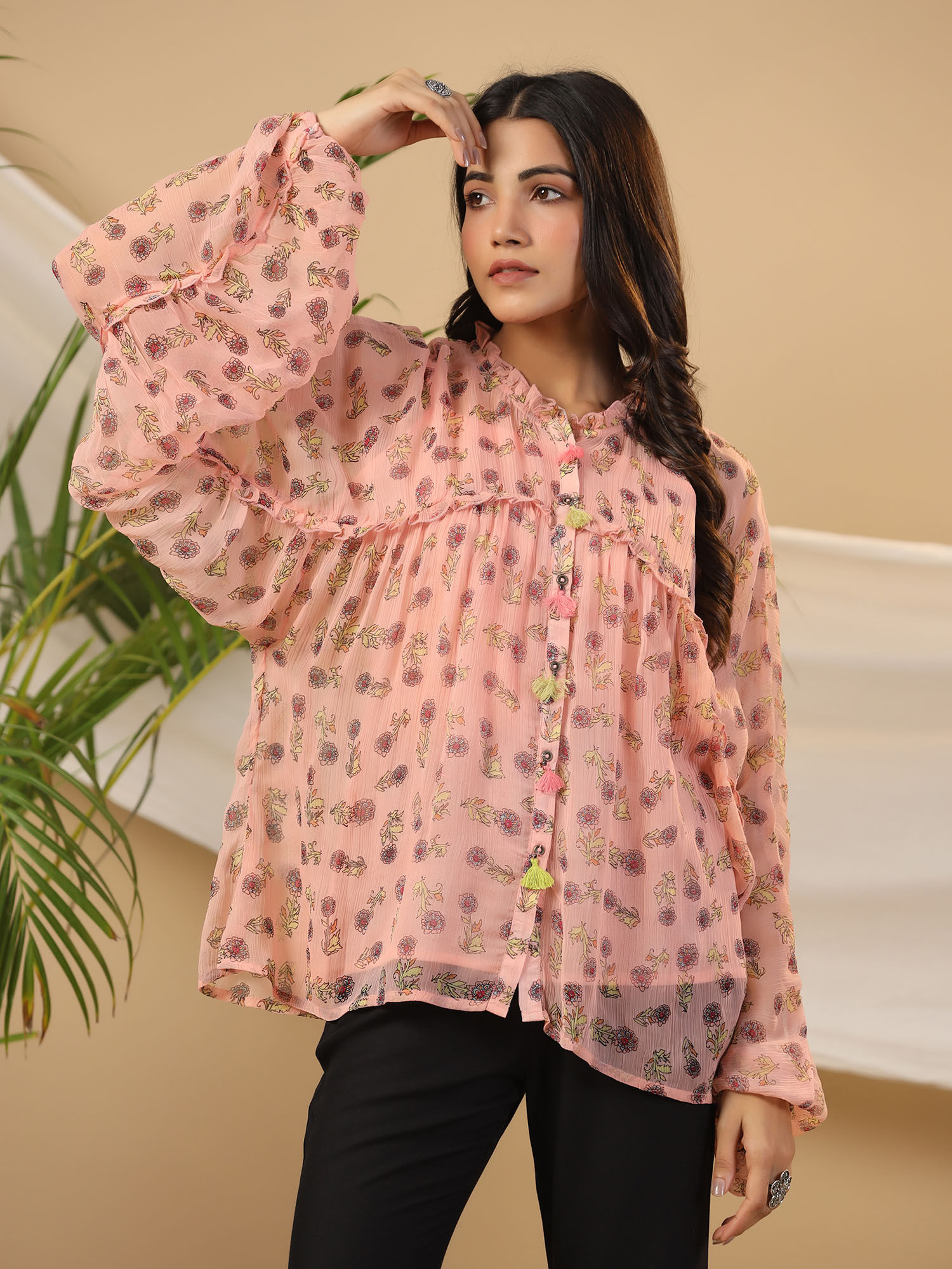 juniper Peach Floral Printed Chiffon Tunic with Inner-picture-10