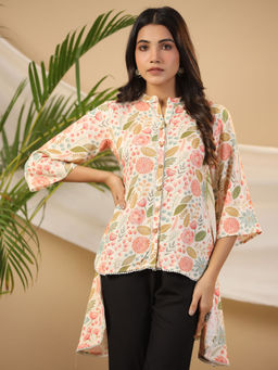Juniper - Ivory Floral Printed Rayon High-Low Tunic with Lace Work