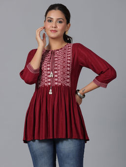 Juniper - Maroon Geometric Printed Rayon Tunic with Thread Work