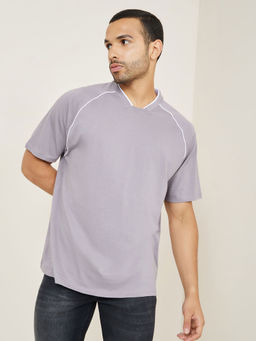 Styli - Oversized V Neck Rib Raglan Tee with Contrast Piping Grey Cotton