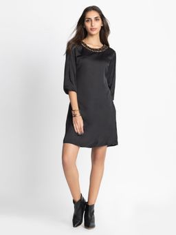 SHAYE - Round Neck Black And Gold Embellished Three-quarter Sleeves Party Dress For Women