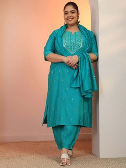 Extra love by Libas - Plus Size Women Embroidered Silk Blend Straight Kurta with Pant & Dupatta