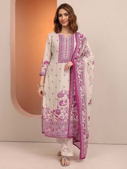 Libas - Pink Cotton Blend Straight Kurta with Pant & Dupatta