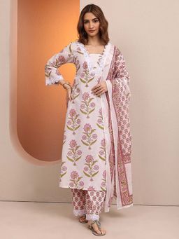 Libas - Floral Print Cotton Blend Straight Kurta with Pant & Dupatta