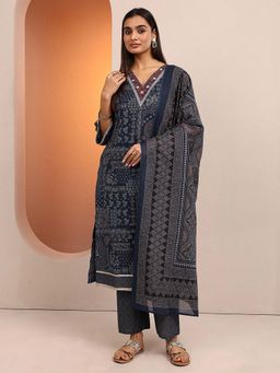 Libas - Navy Blue Cotton Blend Straight Kurta with Pant & Dupatta