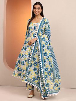 Libas - Floral Print Cotton Blend Anarkali Kurta with Pant & Dupatta