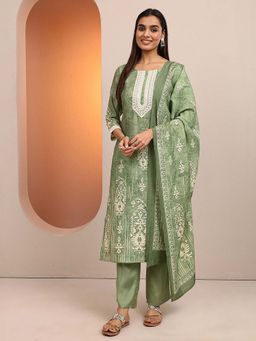 Libas - Green Silk Blend Straight Kurta with Pant & Dupatta