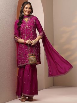 Libas - Embroidered Chinon Straight Kurta with Sharara & Dupatta