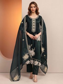 Libas - Embroidered Chinon Straight Green Kurta with Pant & Dupatta