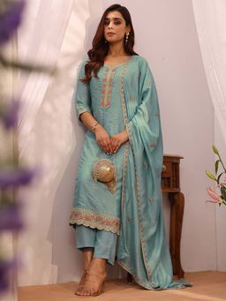 Libas - Embroidered Silk Blend Straight Blue Kurta with Pant & Dupatta