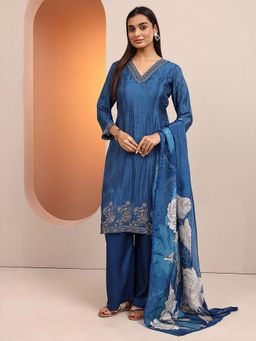 Libas Art - Art Embroidered Silk Crepe Straight Kurta with Pant & Dupatta