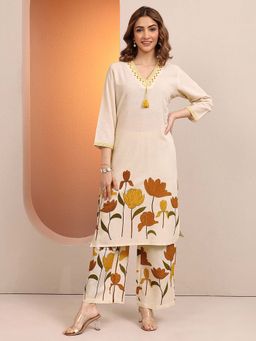 Libas - Printed Cotton Blend Straight Off White Co-Ord Set for Women