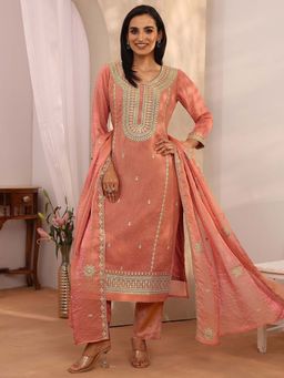 Libas - Embroidered Organza Straight Peach Kurta with Pant & Dupatta